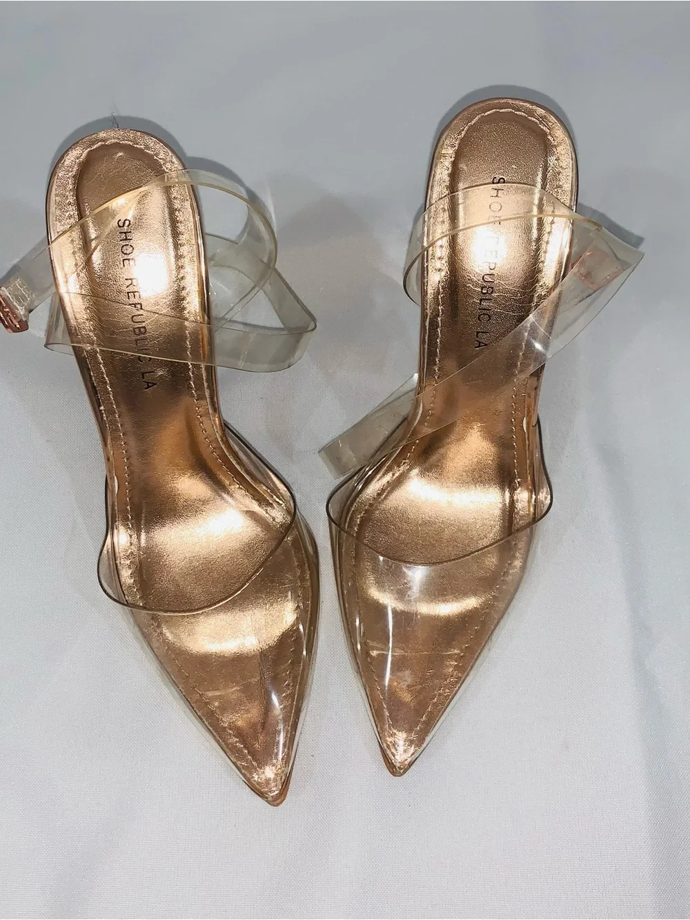 Shoe Republic LA Clear Strap Pointed Toe Heels in Rose Gold